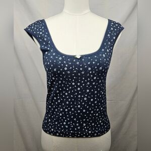 Pink Rose Blue Floral Rose Detail  Cropped Cami Wide Straps Lg‎ Fairy Coquette